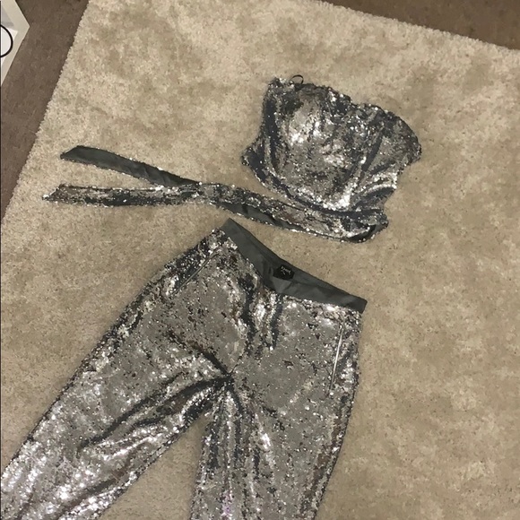 Bebe Sequence pants suit tube top with tie - Picture 2 of 8